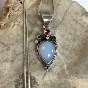 Sterling Silver 925 Lavender Chalcedony & Garnet Pendant Necklace 20" Chain